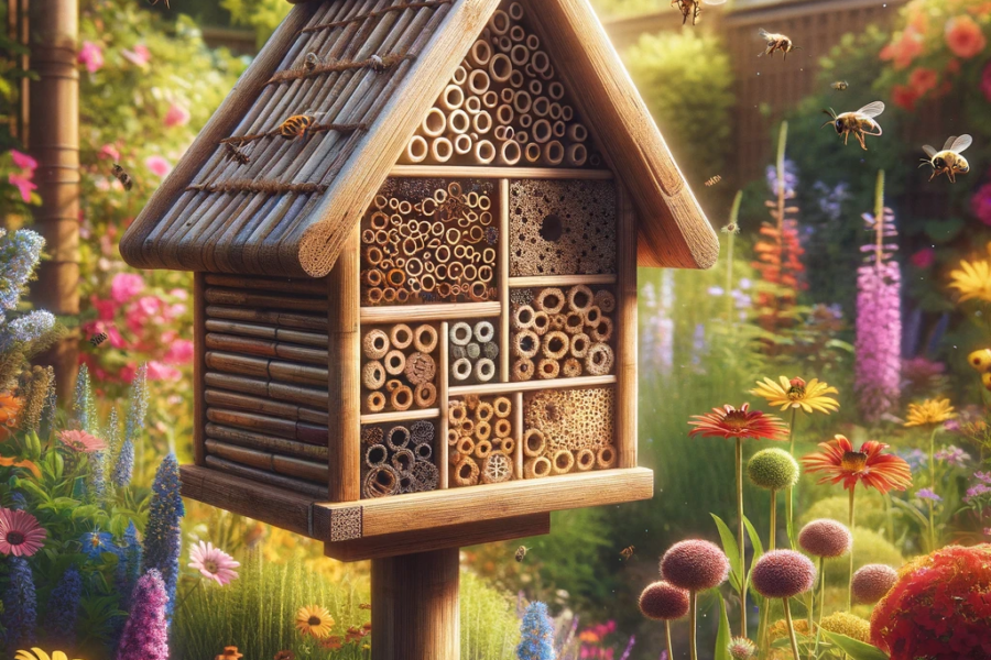 DALL·E 2024 01 08 11.25.33 A charming bee hotel nestled in a garden. The bee hotel is made from natural materials like bamboo canes and untreated wood and has various compartme