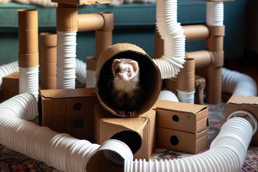 DALL·E 2024 01 08 11.48.43 A playful scene showing a DIY Tunnel Maze for ferrets made from upcycled materials. The tunnel maze is crafted from old PVC pipes and cardboard boxes
