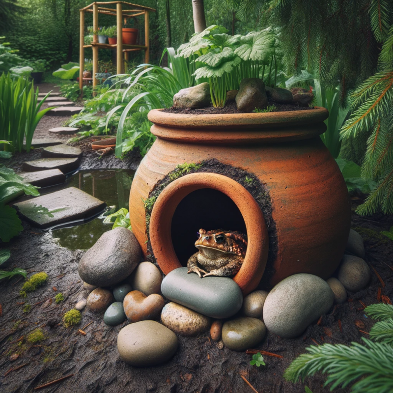 DALL·E 2024 01 08 11.58.53 A cozy toad abode in a garden setting designed to attract and shelter toads. The abode is made from a repurposed terracotta pot turned upside down w